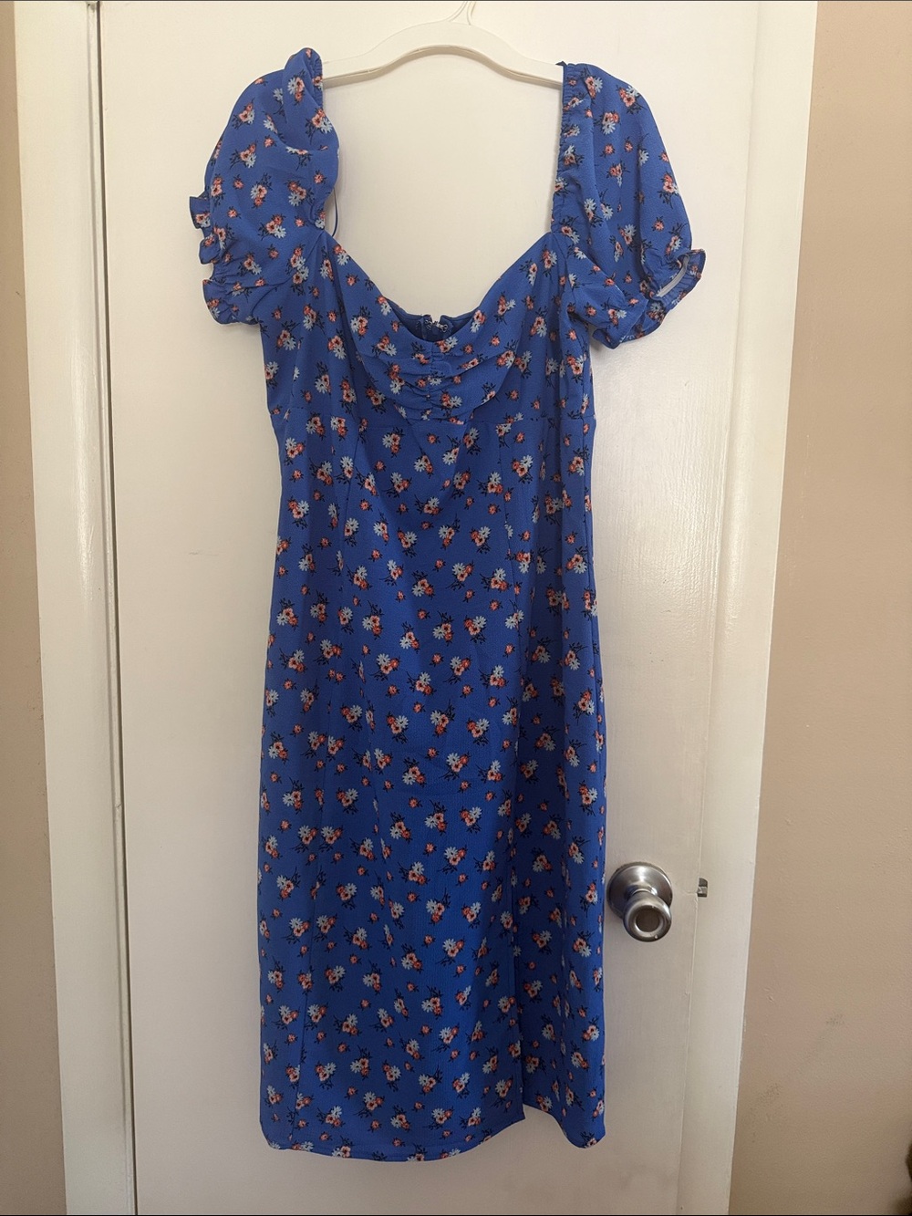 City Triangles Royal Blue Floral Puff-Sleeve Midi Dress